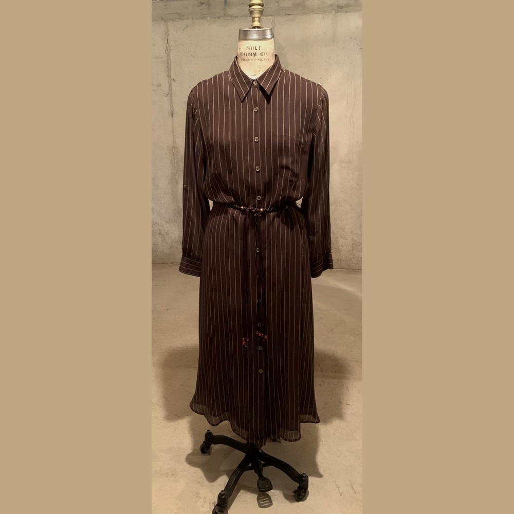 Vintage Jones New York Brown Striped 100% Silk Georgette Camp Shirt Dress sz 12